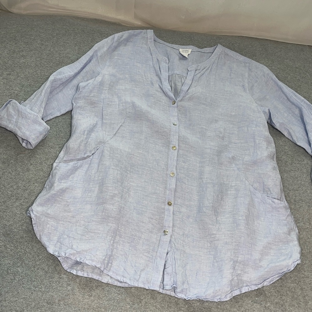 Sigrid Olsen Boho Linen Button Top Large Tunic Coastal Beach Lagenlook Roll Tab - Picture 10 of 10